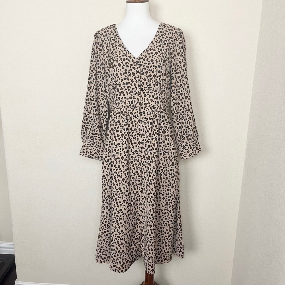 J. Crew Leopard Print Button Front A-Line Midi Dress Camel Mod - Picture 5 of 14